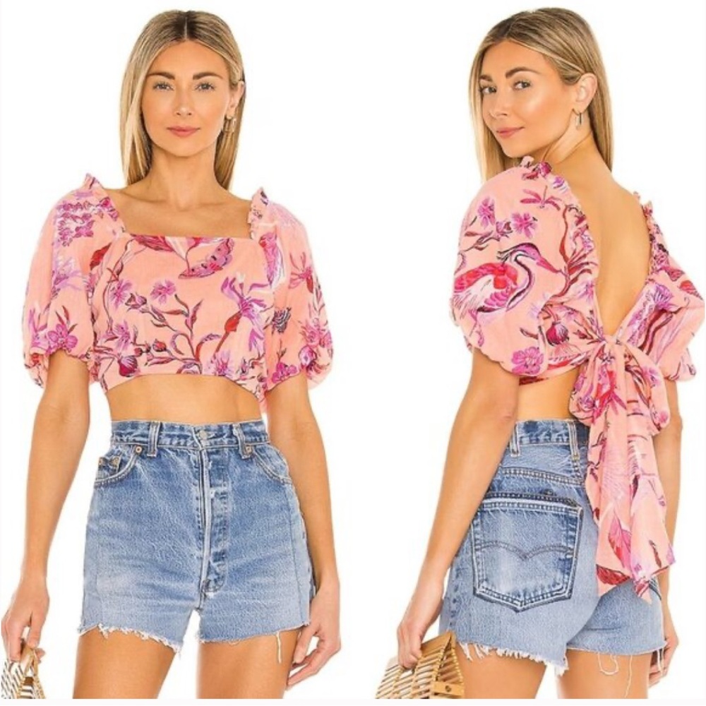 Banjanan Ariana Floral Top Peach Pink Boho Puff Sleeve Square Neck Cotton Blouse